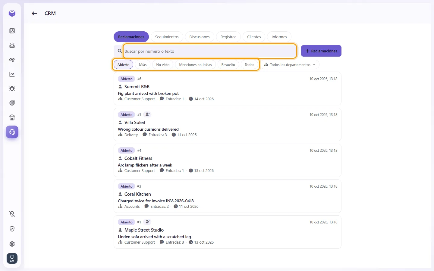 CRM: the search box (a case number or words) and the filters Open, Mine, Unseen, Unread mentions, Solved and All
