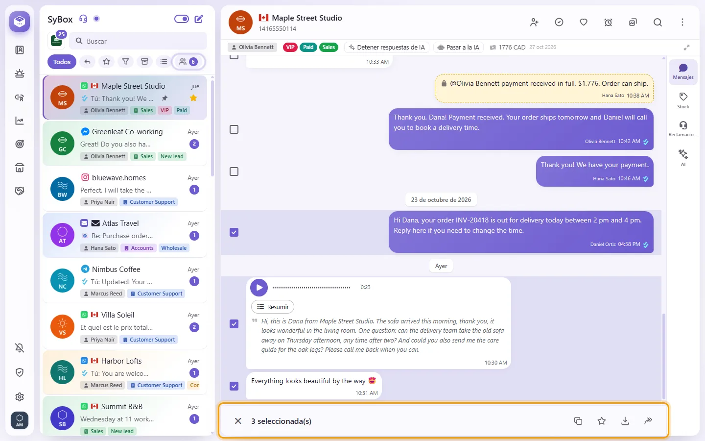 Three messages ticked in the chat, each box beside them filled; the bar below says "3 selected" with Copy, Star, Save and Forward