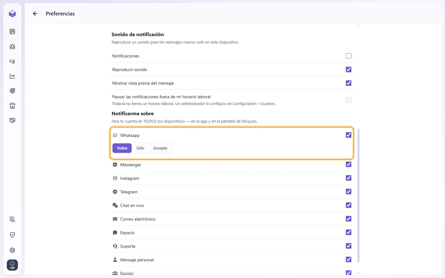 Preferences, Notify me about: a channel's All / Only / Except