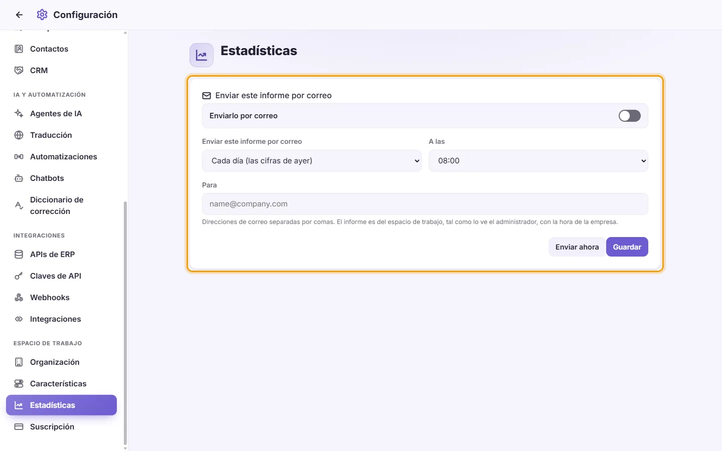 Settings, Analytics: "Email this report", daily or weekly, the hour, To, Save and Send now