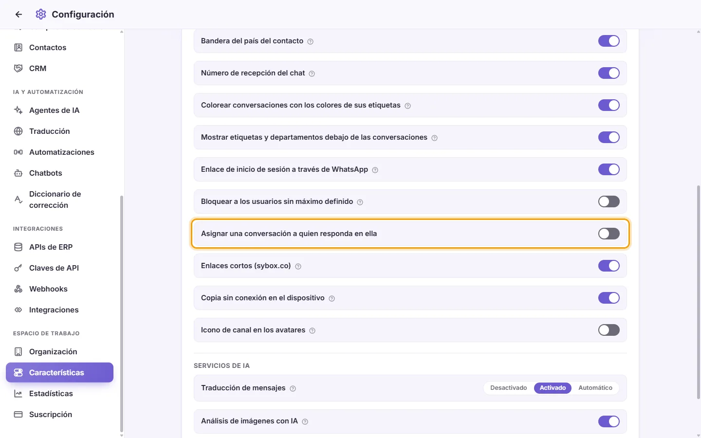 Settings, Features: "Assign a conversation to whoever replies in it"