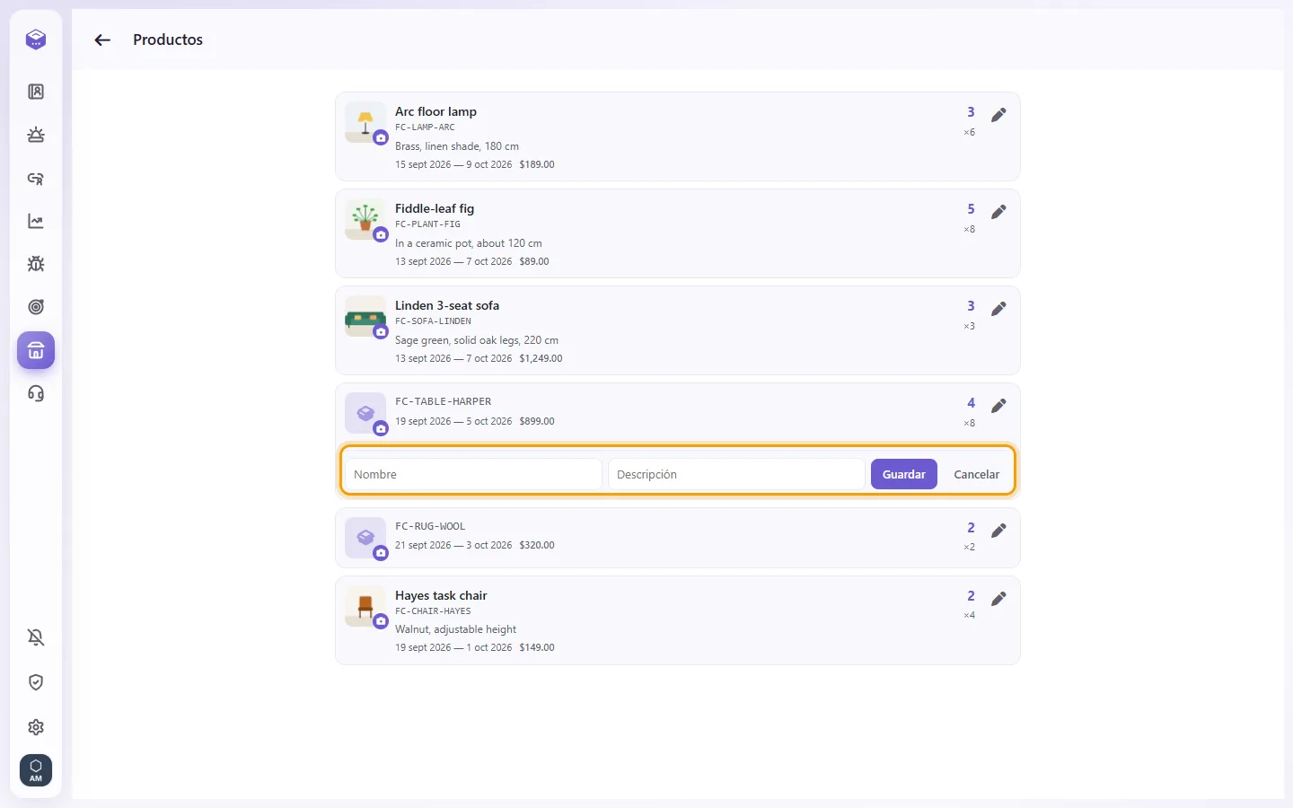 Products: the item's Edit form with its Name and Description boxes and the Save button