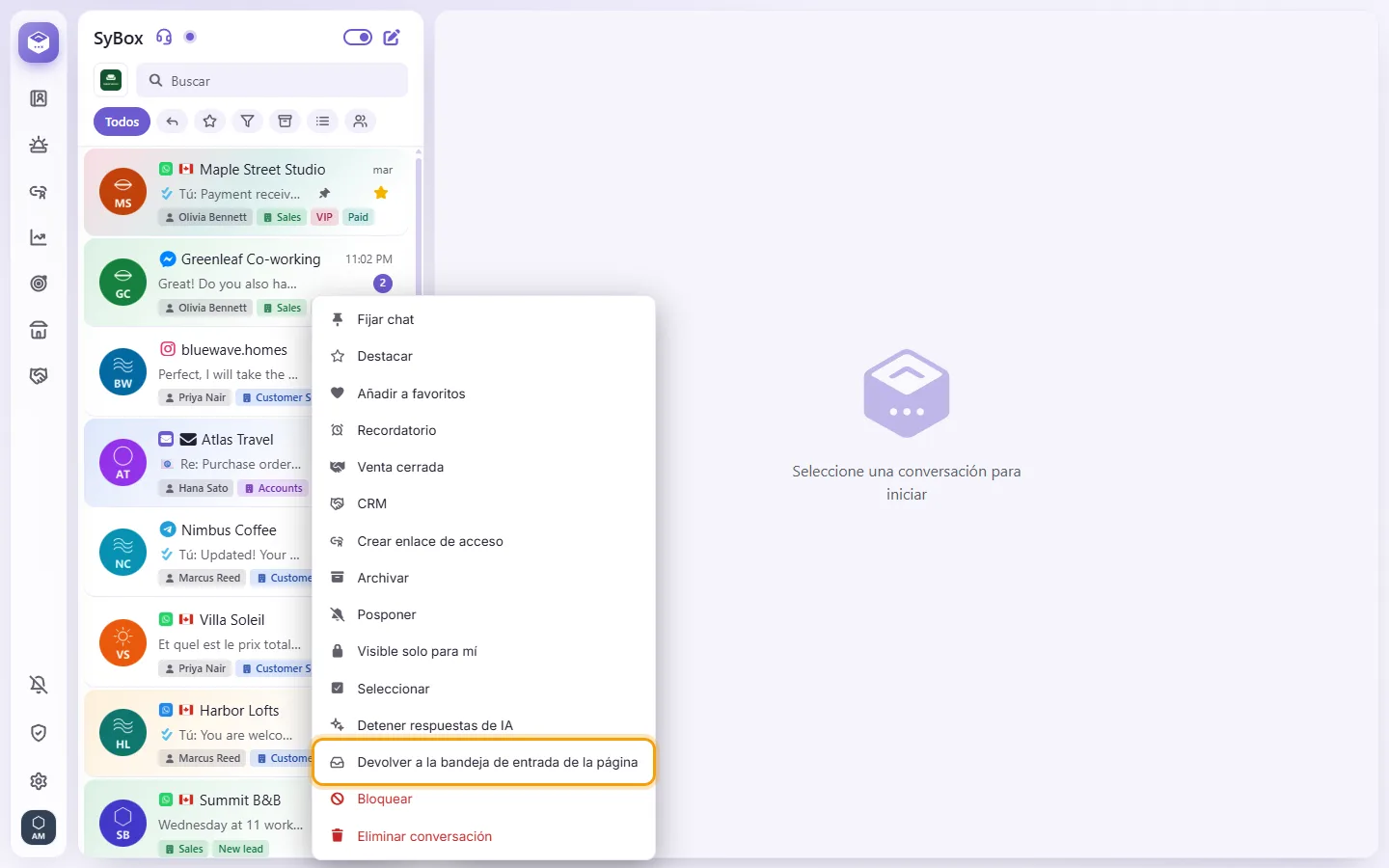 A Messenger conversation's menu: "Hand back to the Page inbox"