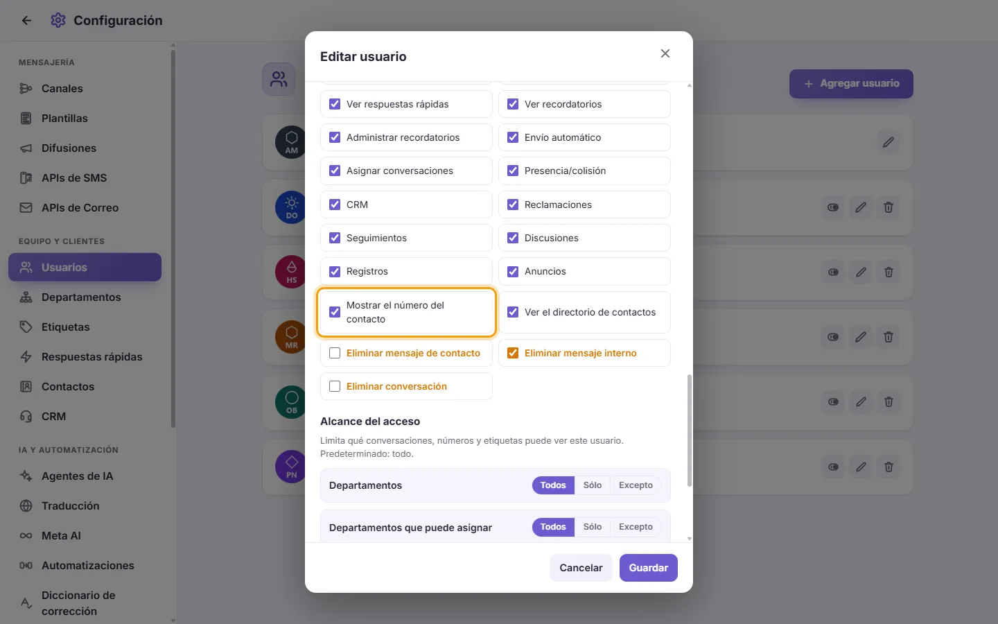 The Edit user window: the "Show contact number" permission, untick it to hide customers' numbers