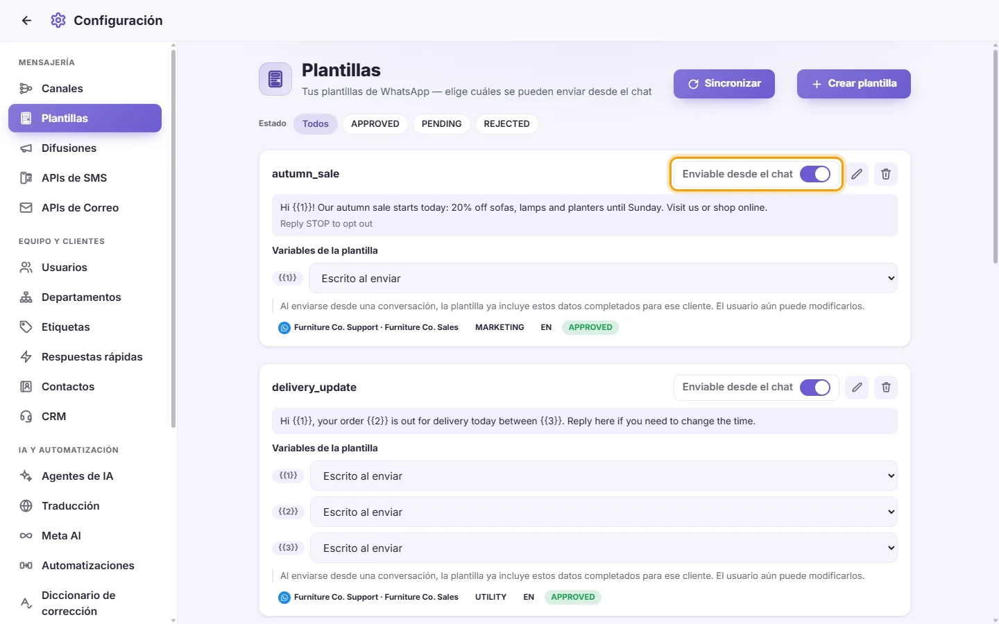 To let the team send a template from conversations: "Sendable from chat" marked on the screen in SyBox