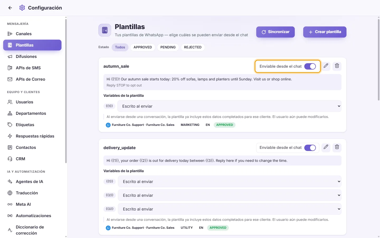 To let the team send a template from conversations: "Sendable from chat" marked on the screen in SyBox