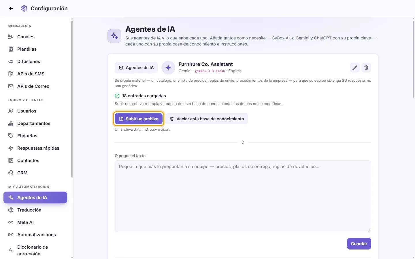 An agent's page: the "Upload a file" button for its knowledge base