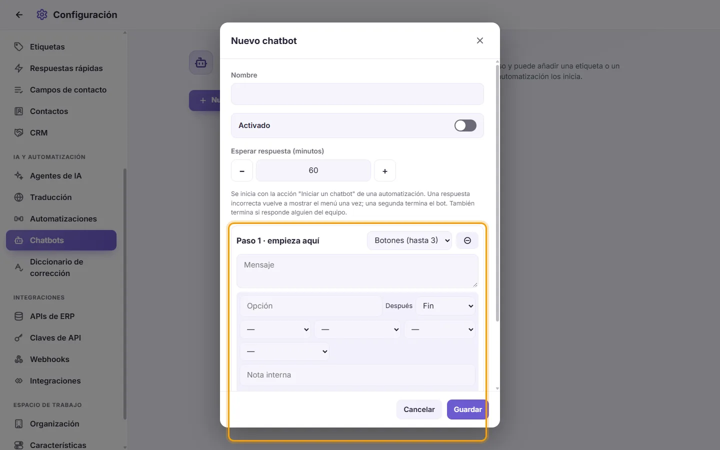 A chatbot step: its kind, its message and its choices