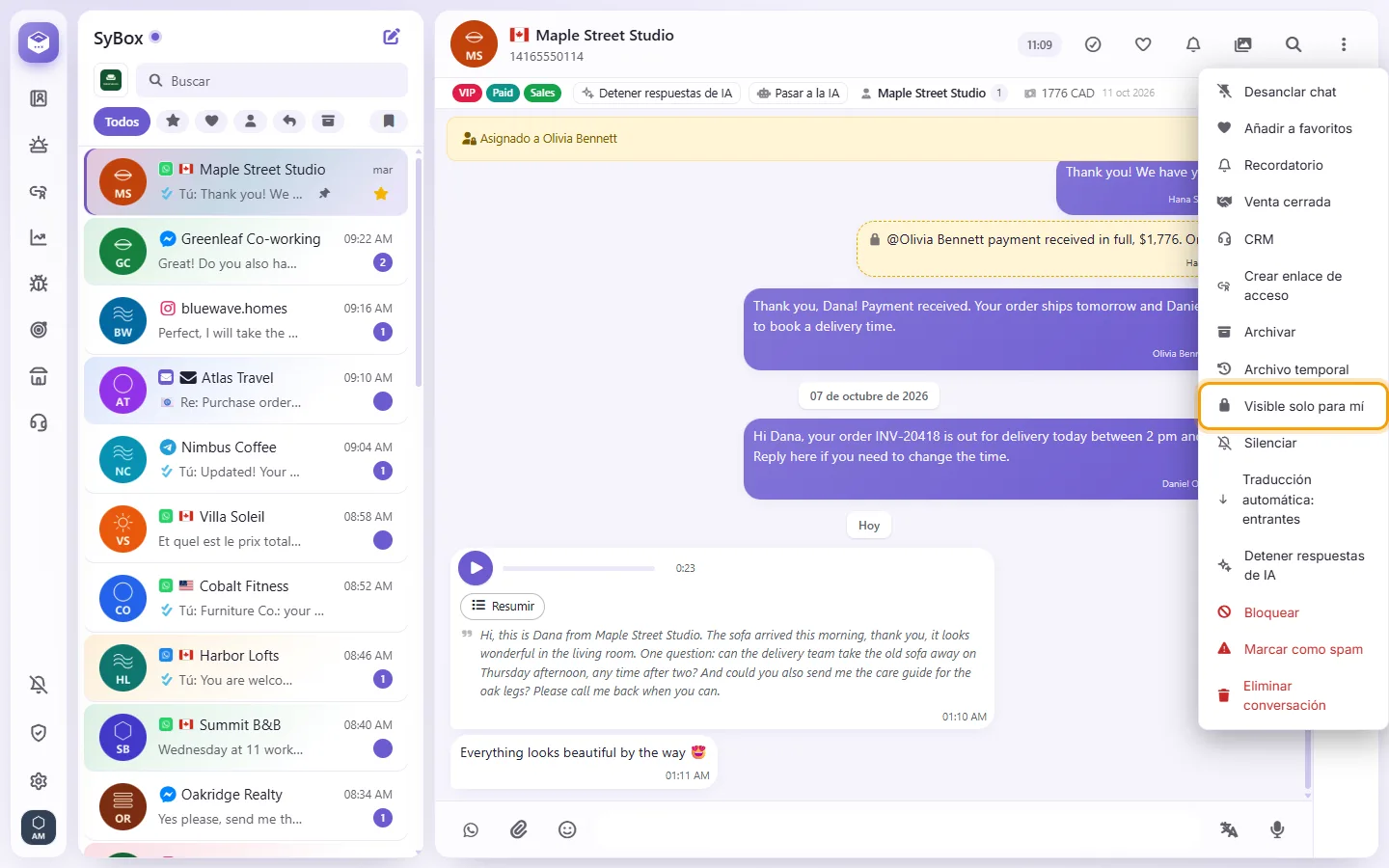 To make a conversation visible to you only: "Visible to me only" marked on the screen in SyBox