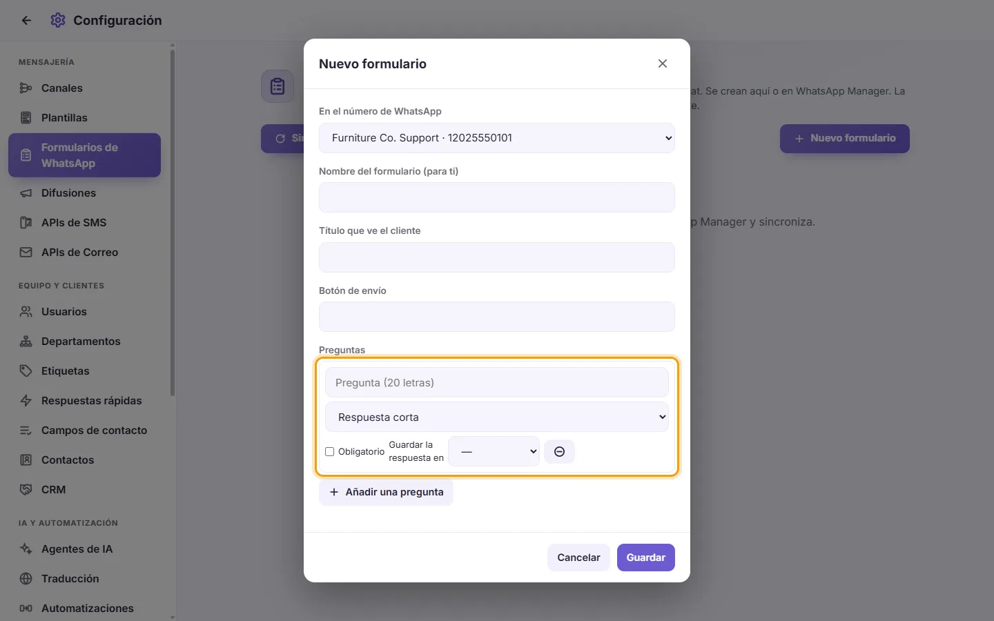 A WhatsApp form's questions: the question, its kind, Required and "Save the answer in"