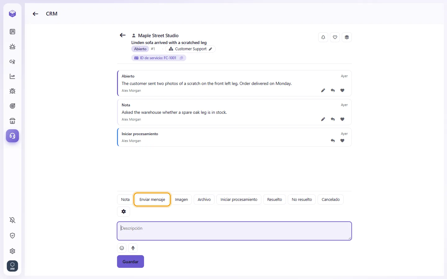 An open case: "Send message" writes to the customer