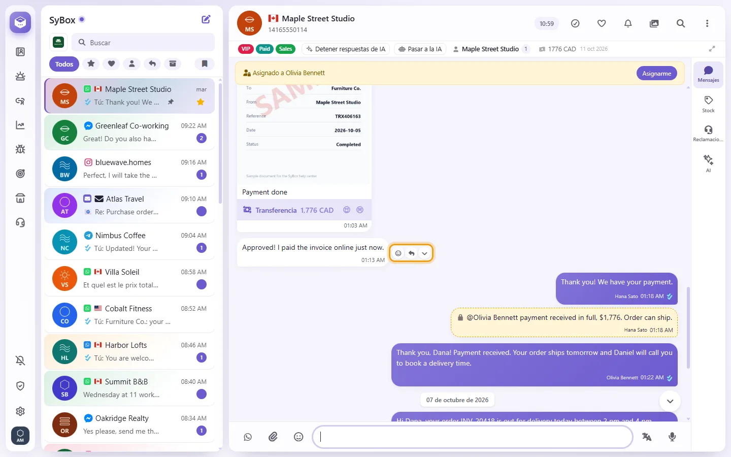 Pointing at a message shows its actions: React, Reply and More