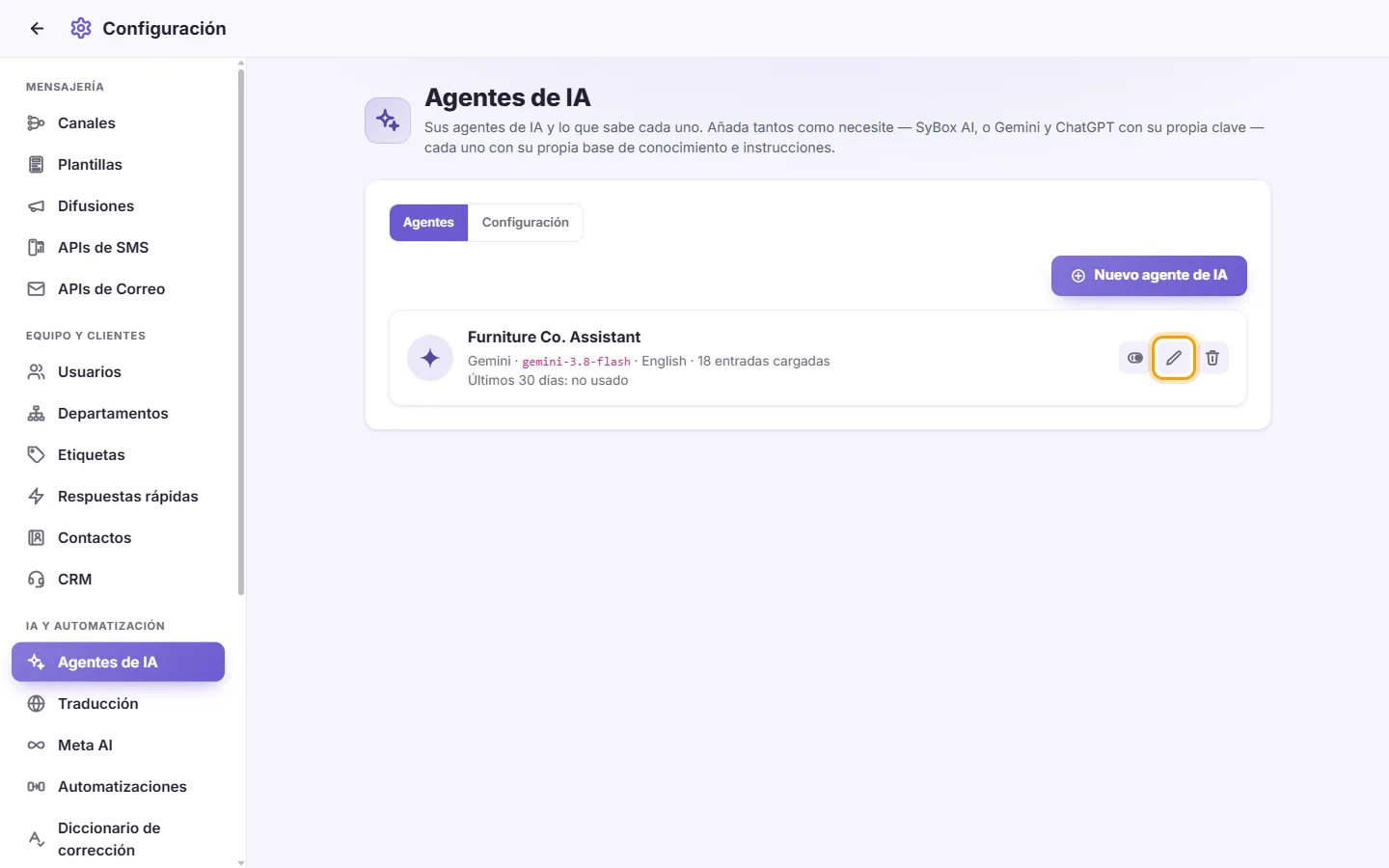 Settings, AI Agents: the pen on an agent's card opens its page