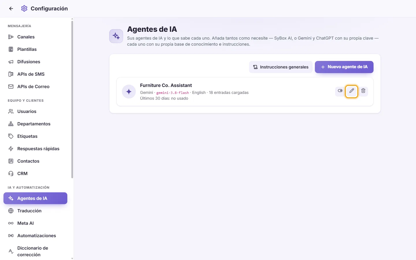 Settings, AI Agents: the pen on an agent's card opens its page
