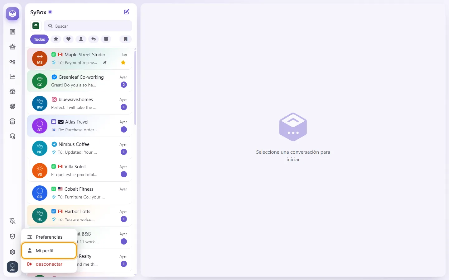 The menu under your picture at the bottom of the left bar, with "My profile"