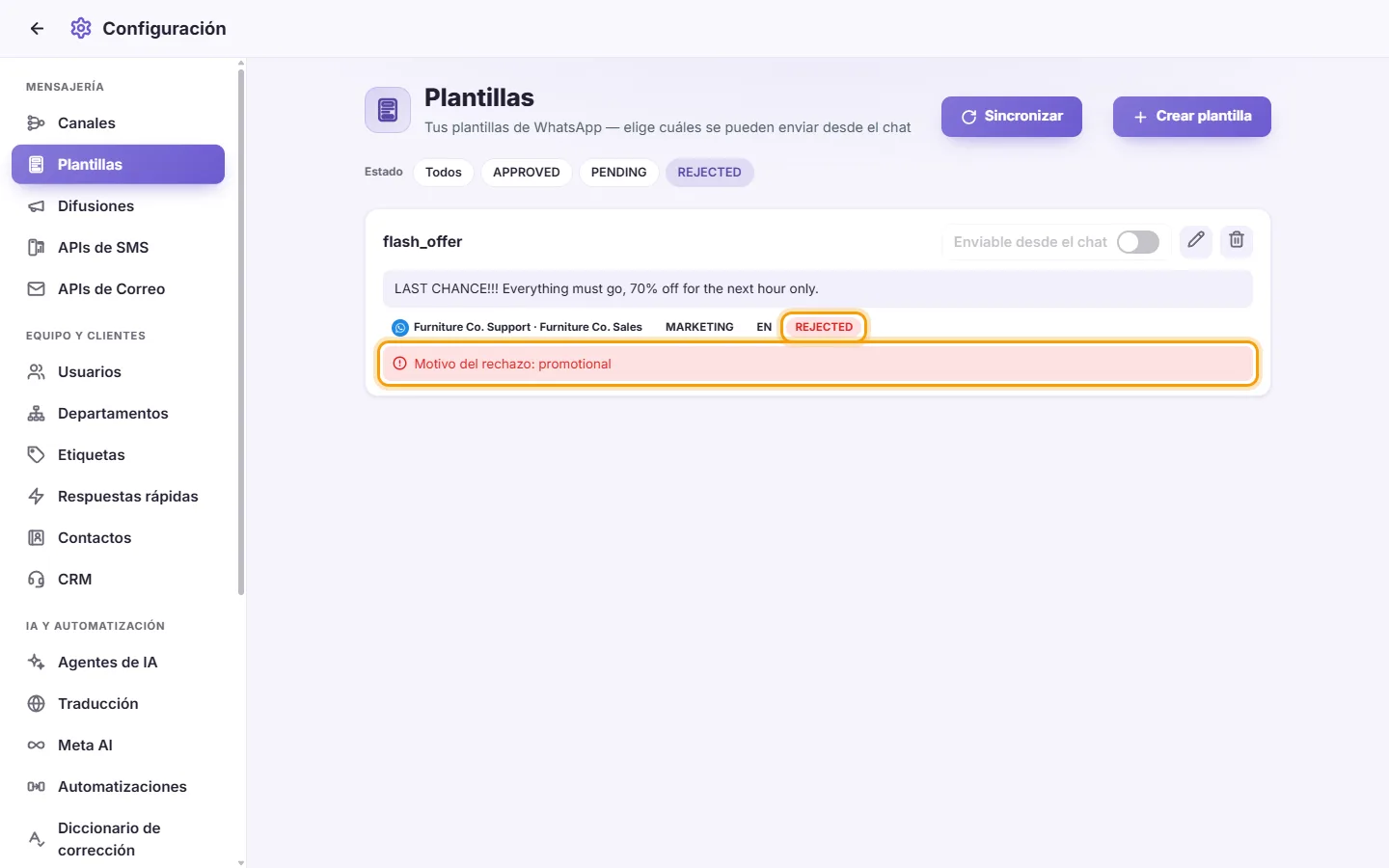 A rejected template card: its status in red and "Rejection reason: …"