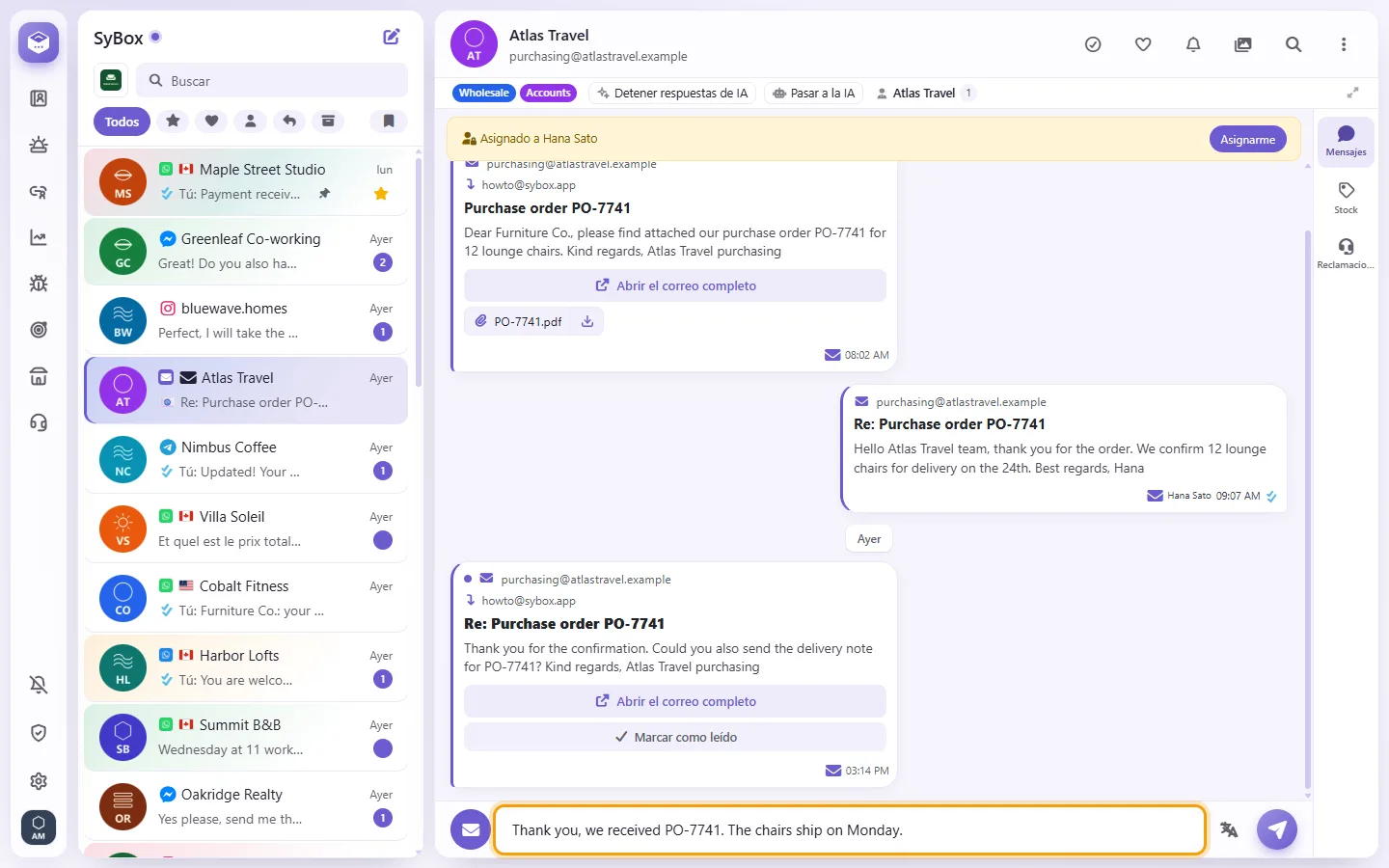 An email conversation: the reply typed in the box at the bottom, sent as an email
