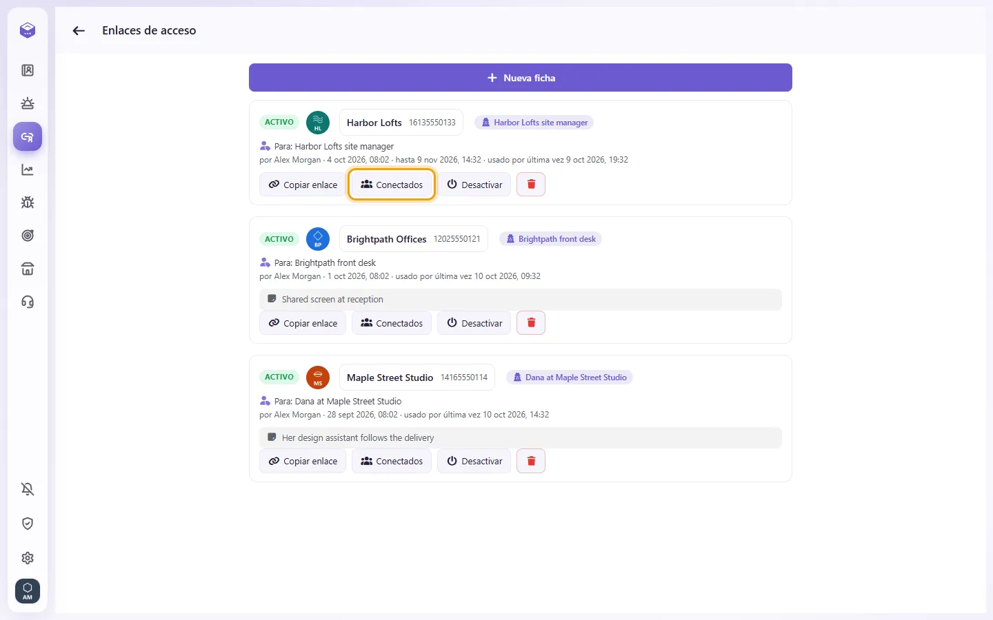 Access links: "Viewers" lists the devices that opened a link