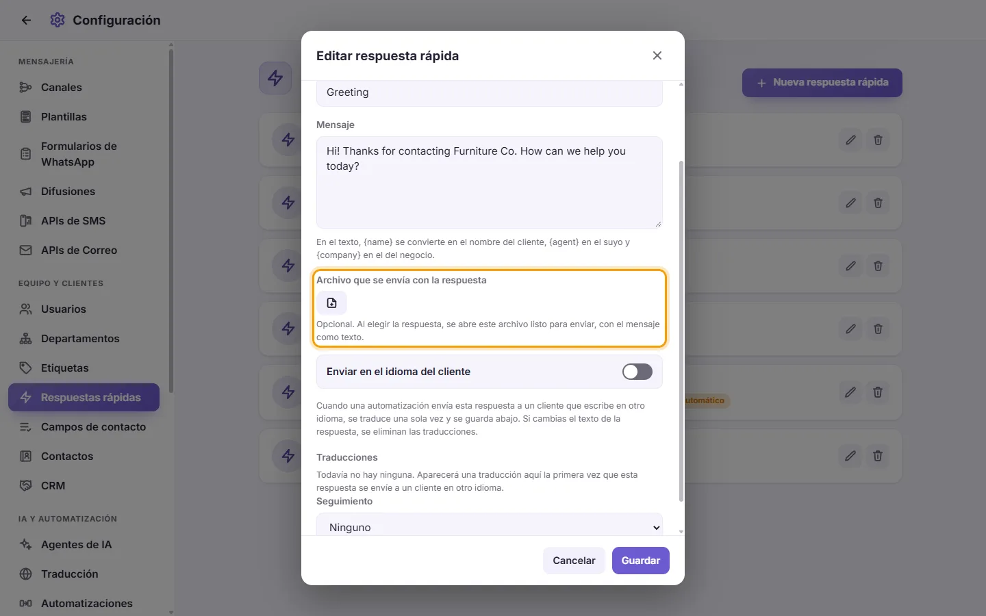 A quick reply: "File sent with the reply"