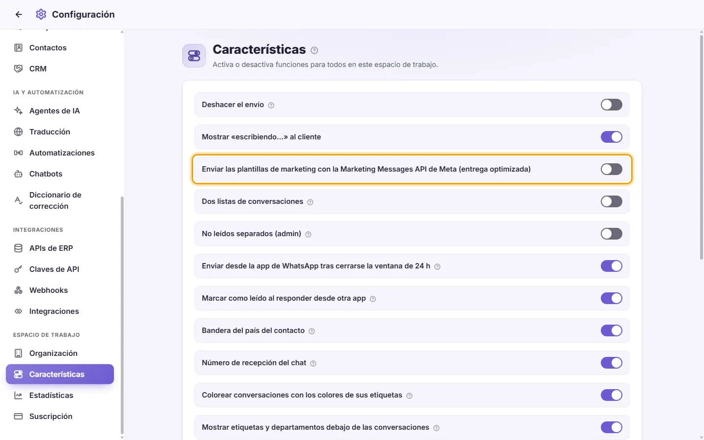Settings, Features: marketing templates through Meta's Marketing Messages API