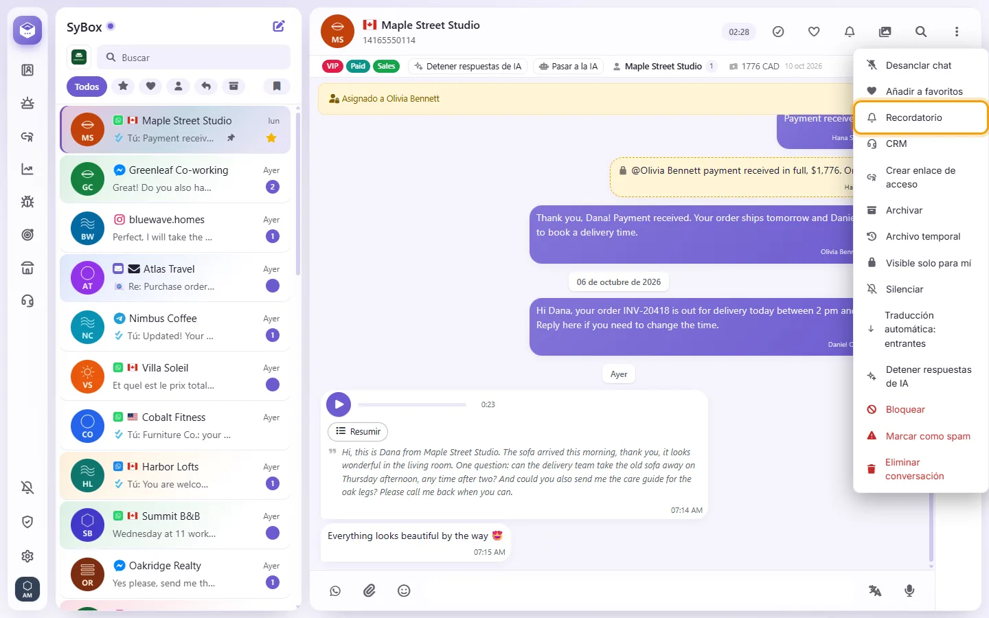 A conversation's menu: "Reminder"