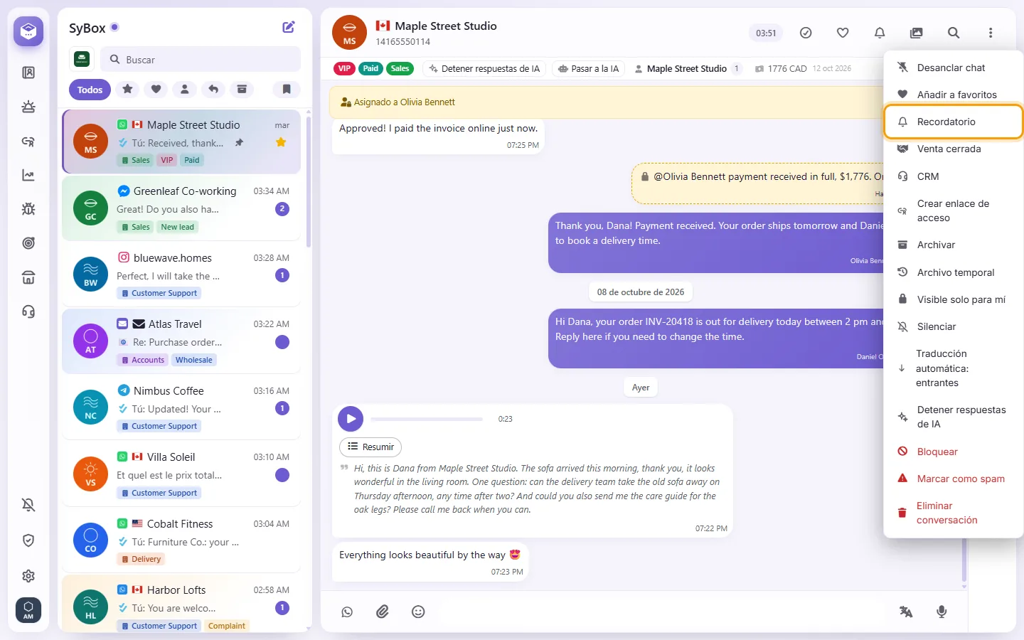 A conversation's menu: "Reminder"