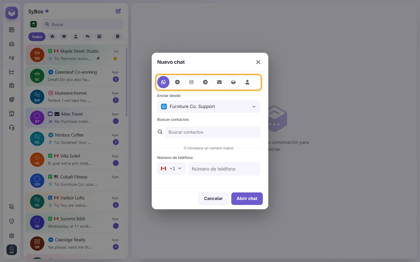 The New chat window: a tab for each channel, then the number it is sent from and the contact