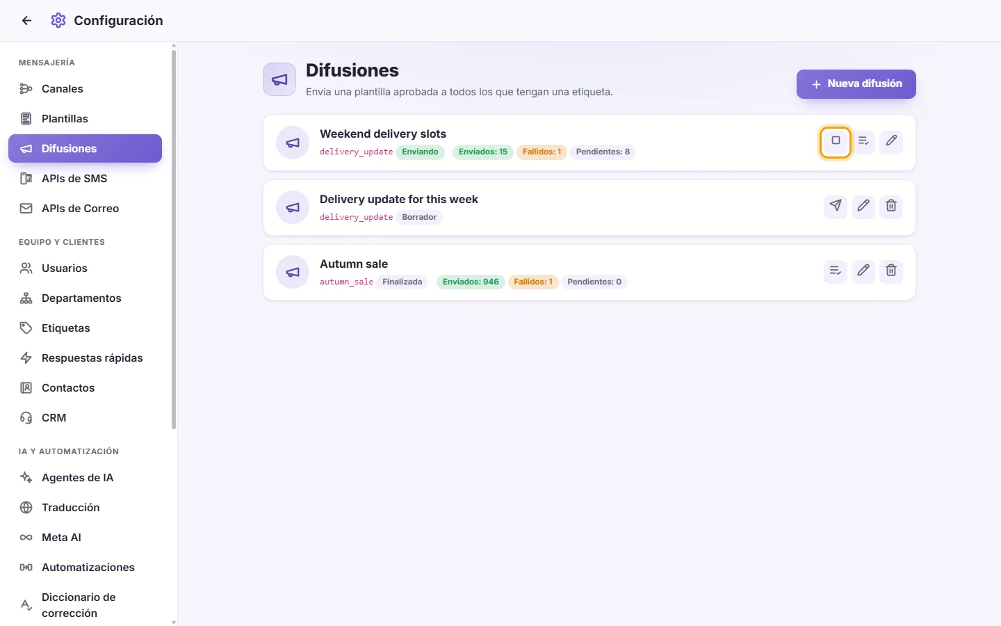 Settings, Broadcasts: a broadcast that is sending, with its Stop button