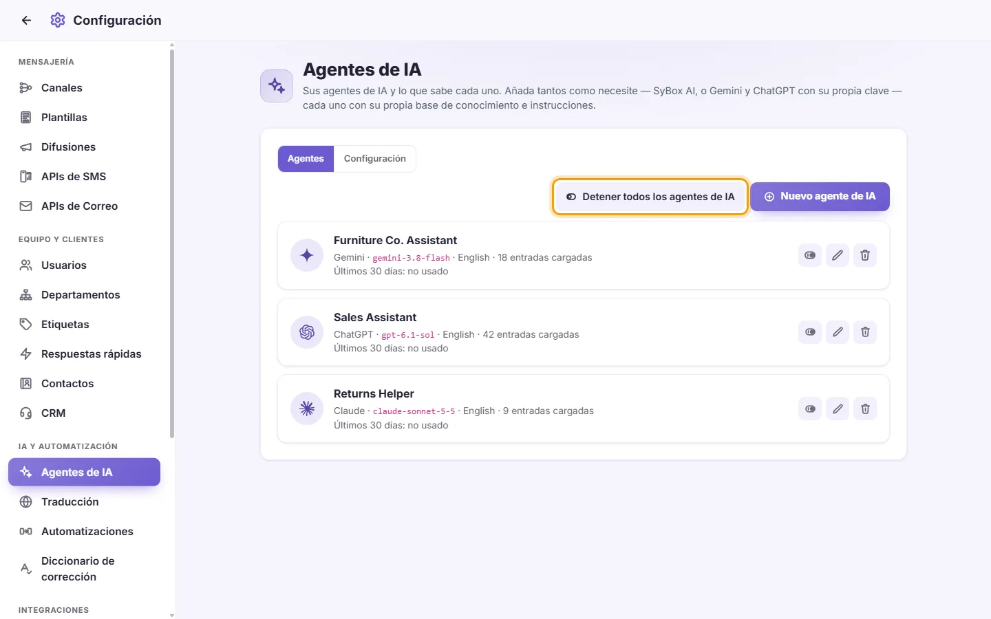 Settings, AI Agents: "Stop all AI agents" beside "New AI agent"