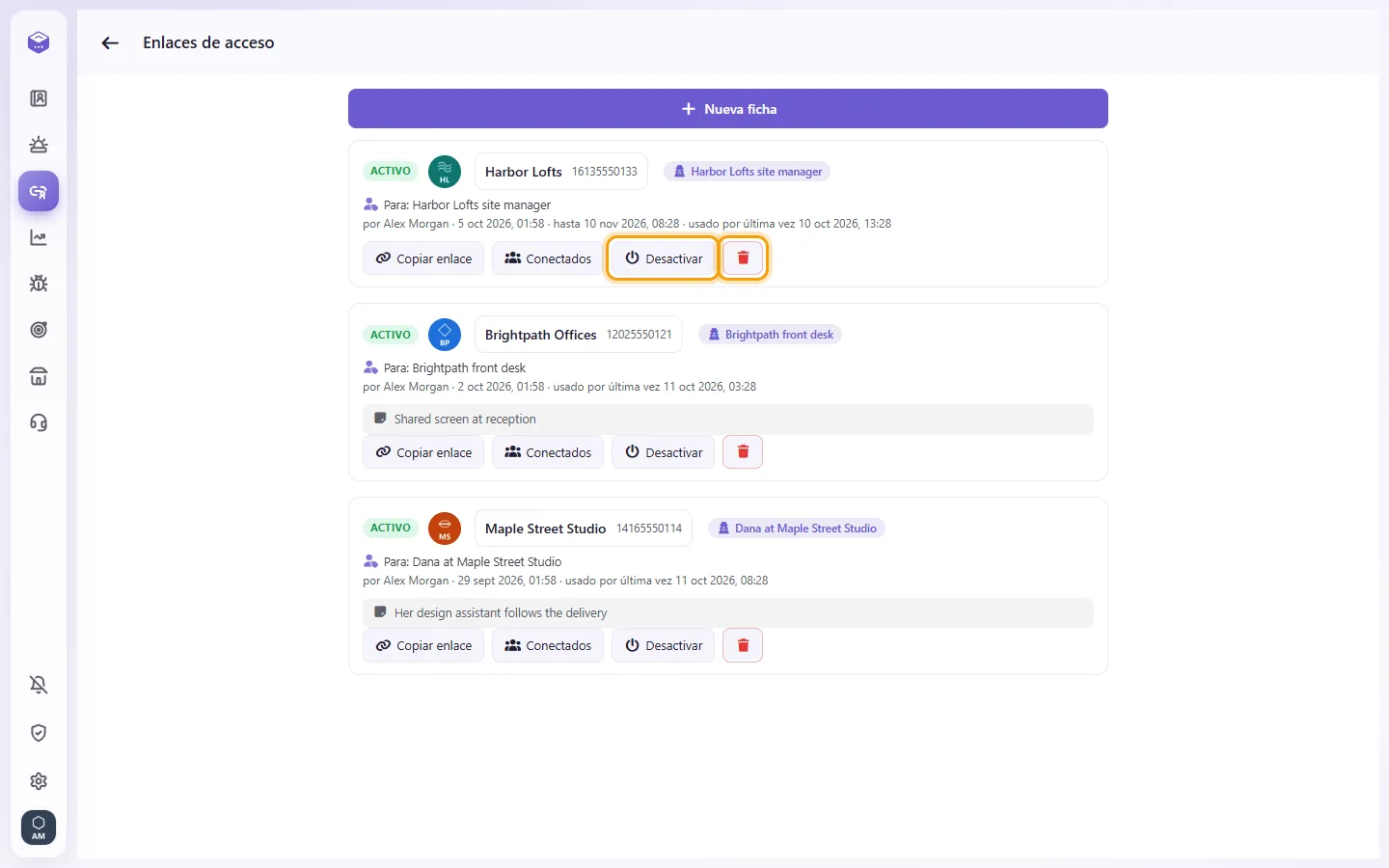 Access links: "Disable" switches a link off; the trash deletes it