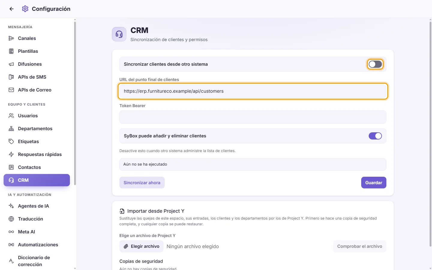 Settings, CRM: the "Sync customers from another system" switch and the address SyBox reads the customers from