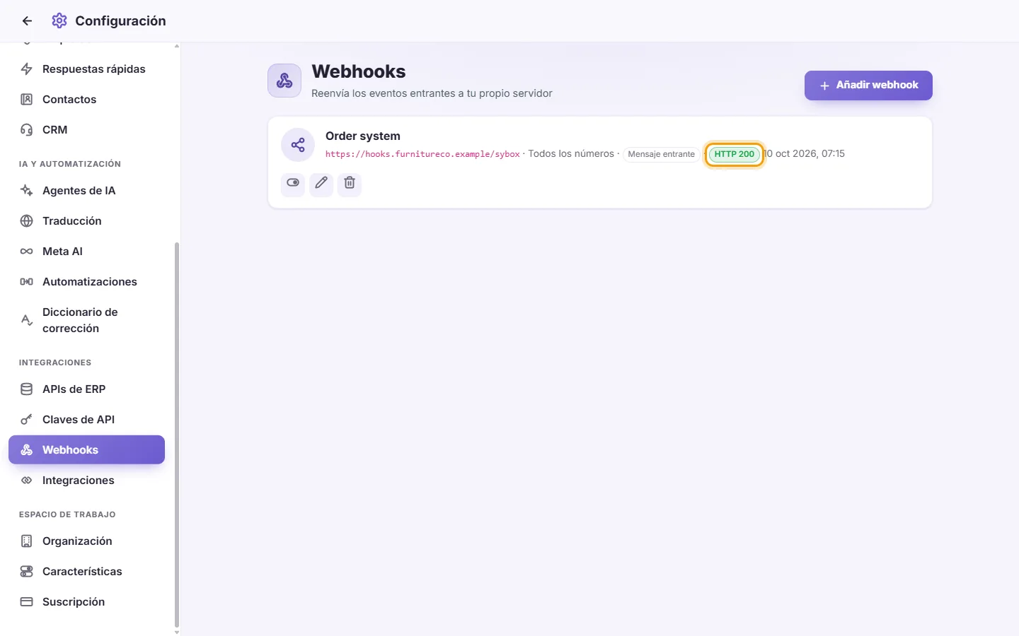 To test a webhook: "HTTP 200" marked on the screen in SyBox