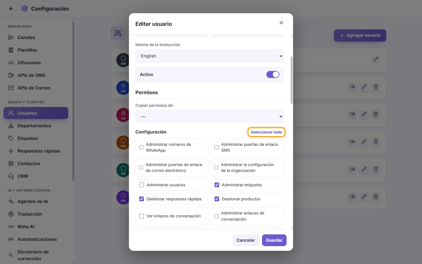 The Edit user window: the "Select all" button of the Settings permissions