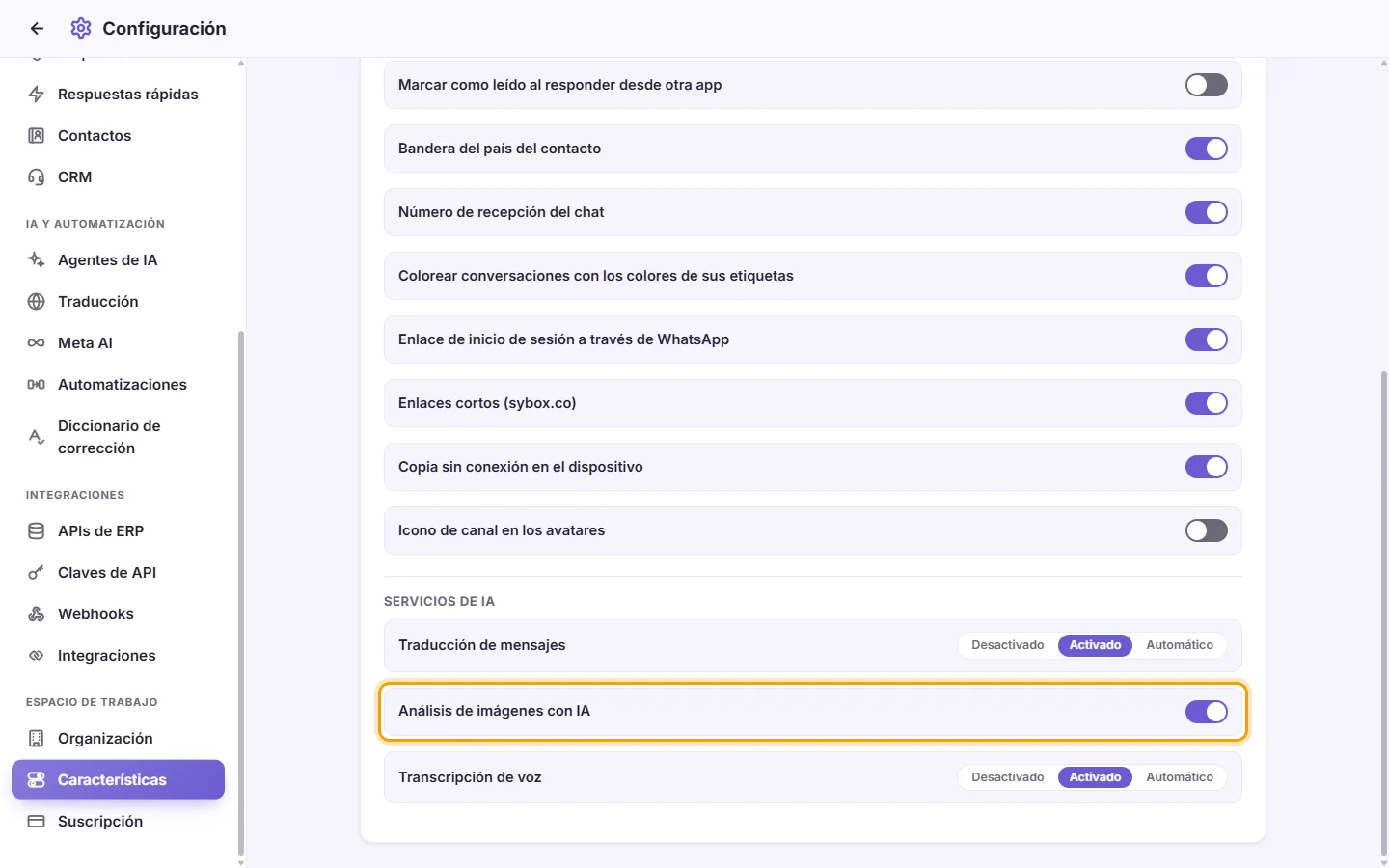 Settings, Features, AI services: the "AI image scan" switch