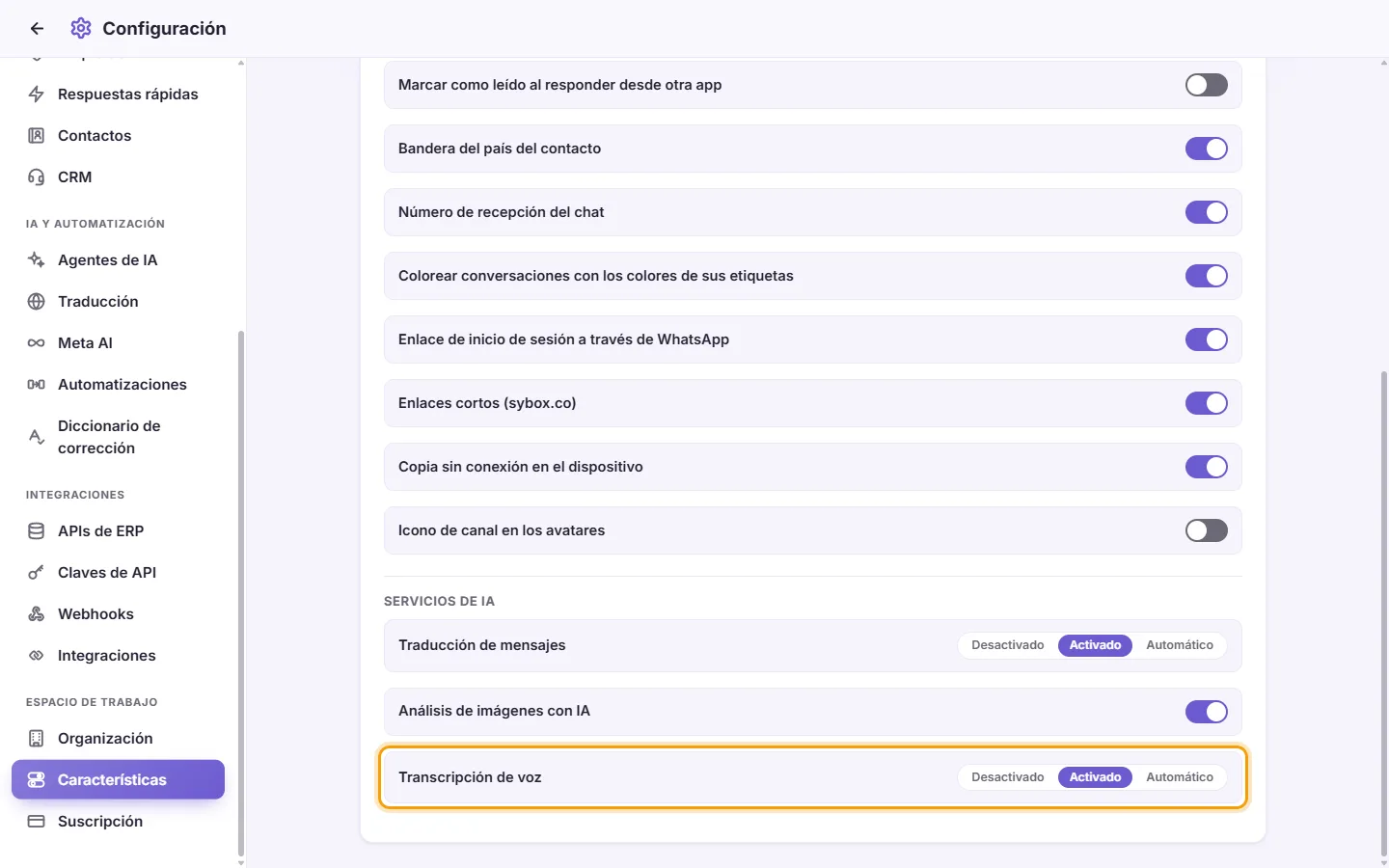 Settings, Features, AI services: "Voice transcription" with its Off, On and Auto choices