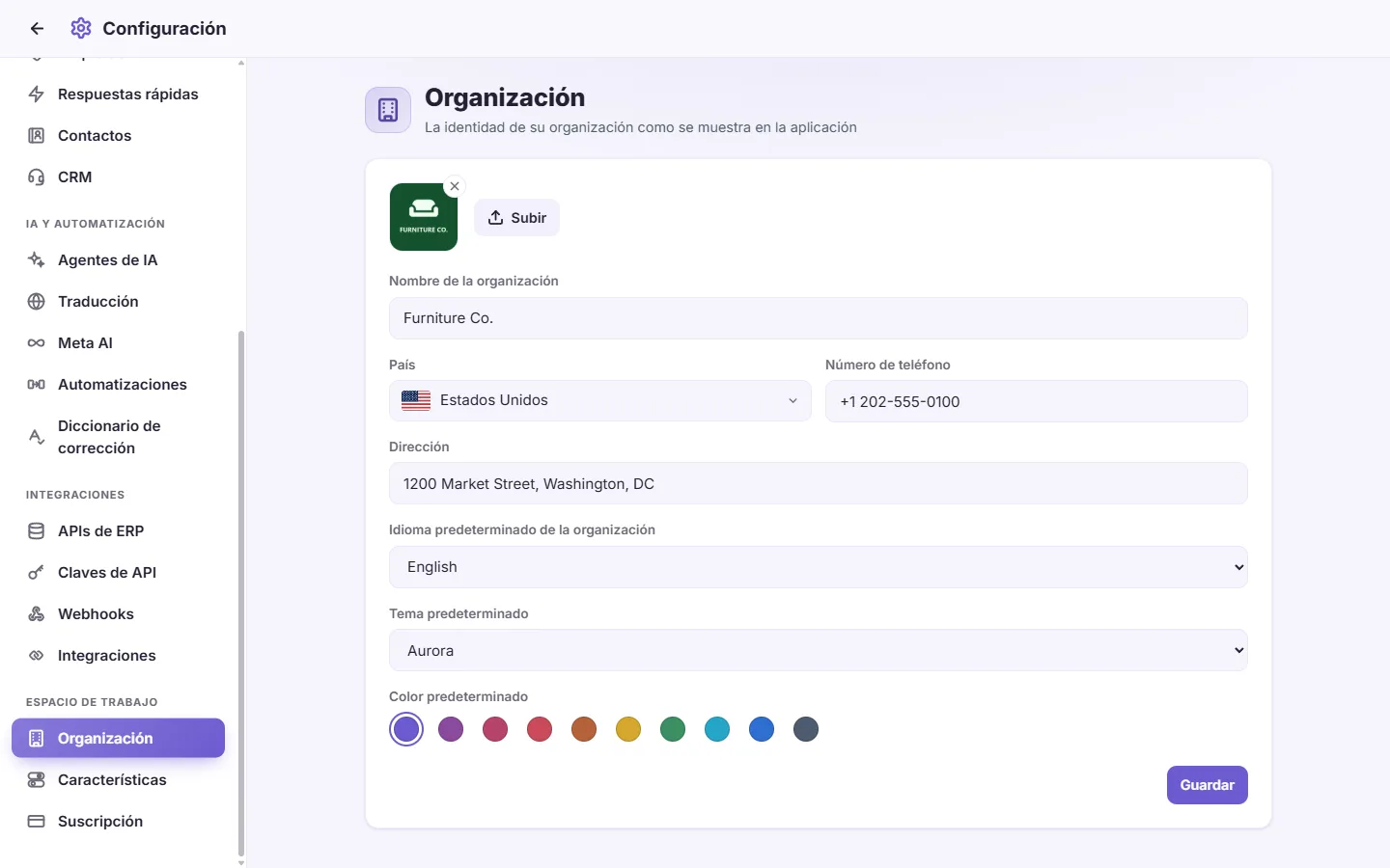 Settings, Organization: the business's name, logo, phone, address and country