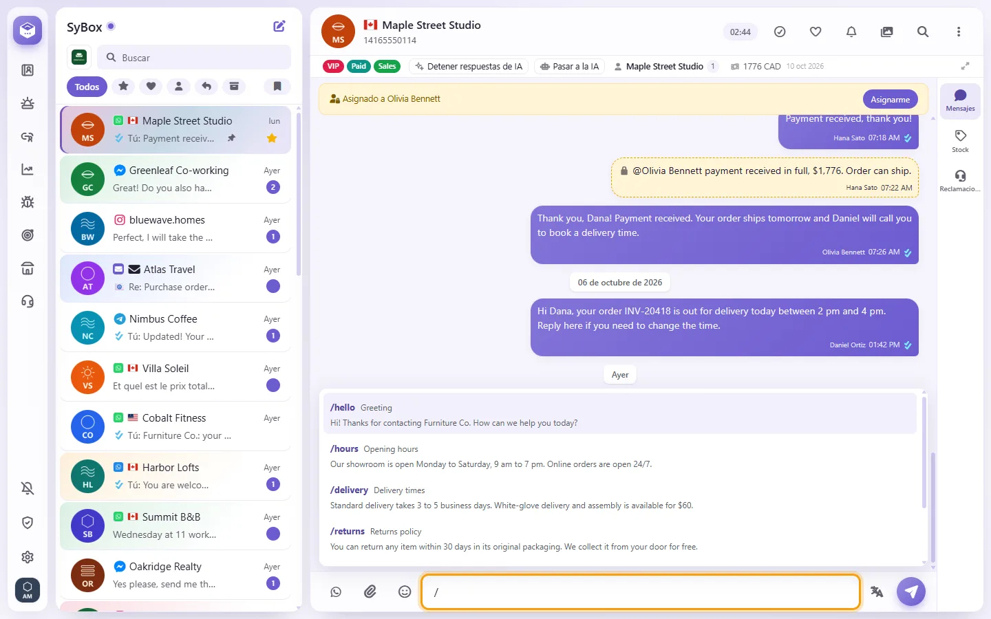 Typing a slash in the message box opens the quick replies