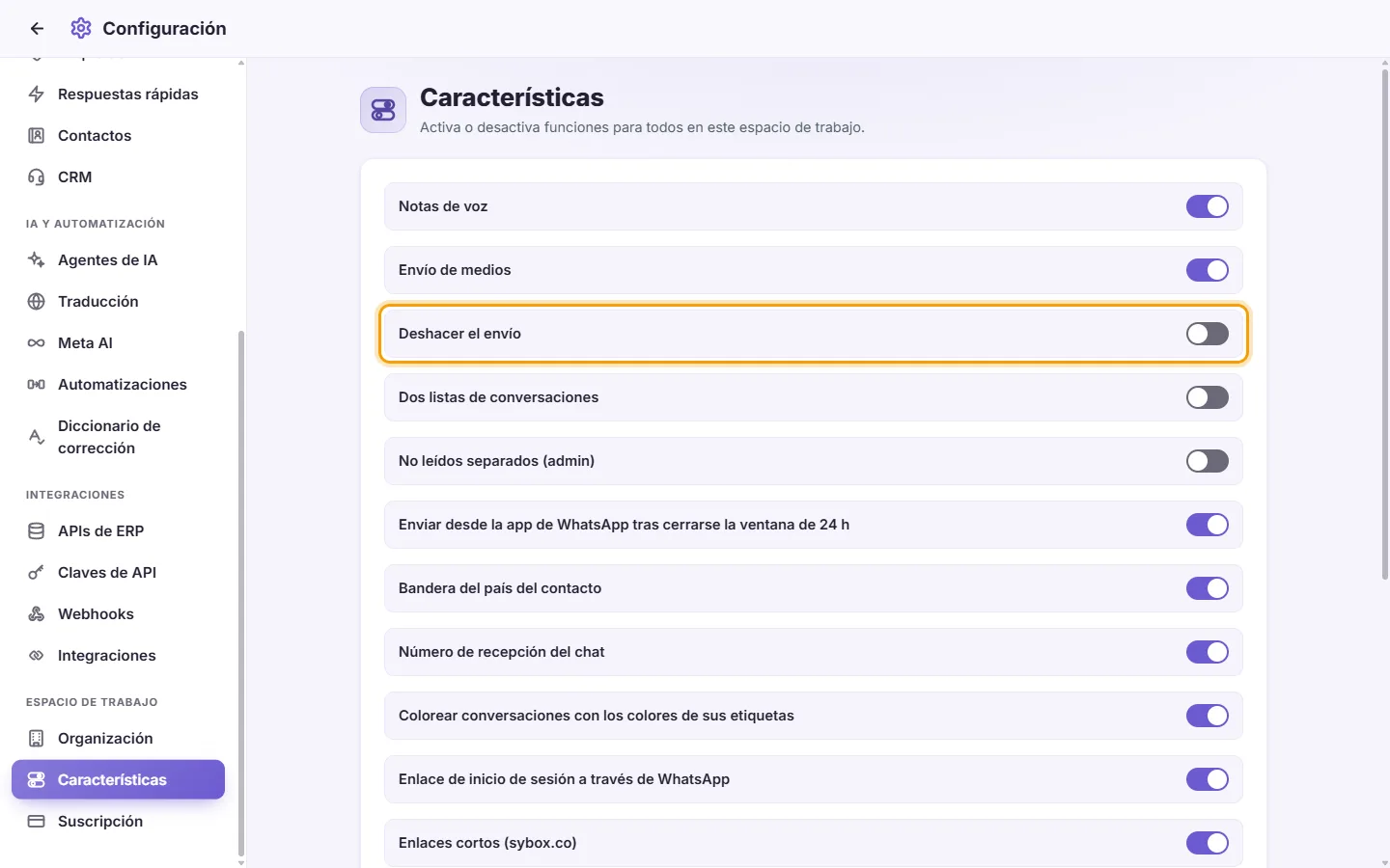 Settings, Features: each feature has a switch; clicking it saves at once