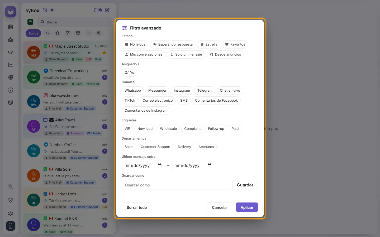 The advanced filter: status, assigned to, channels, labels, departments, contact fields, dates, and "Save as"
