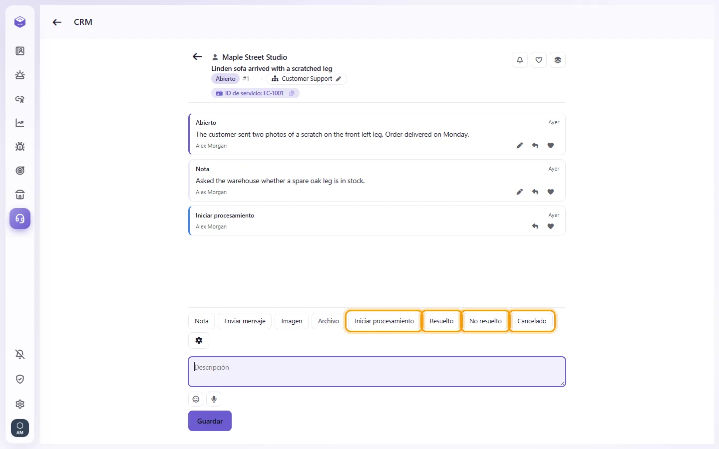 An open case: "Start processing", then "Solved", "Not solved" or "Canceled", then Save