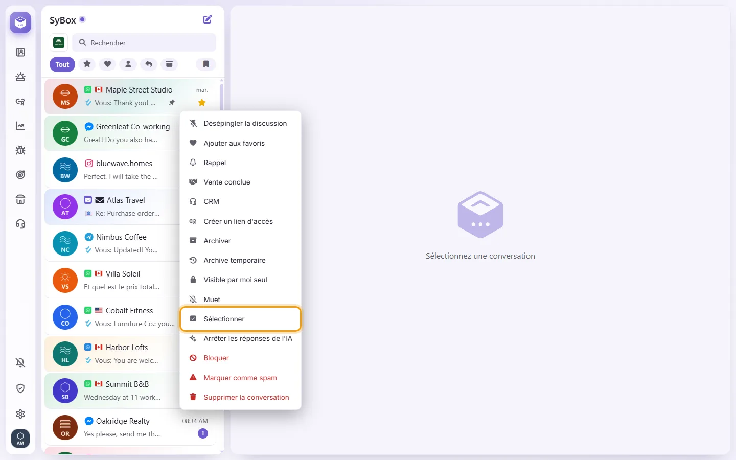 A conversation's menu in the list: "Select" starts choosing several conversations