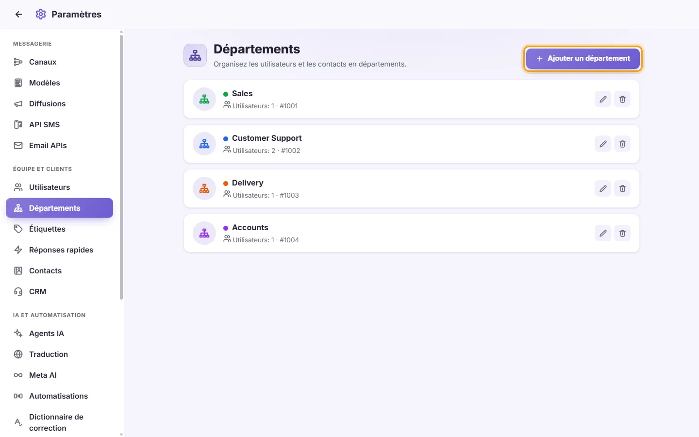 Settings, Departments: Sales, Customer Support, Delivery and Accounts, and the "Add department" button
