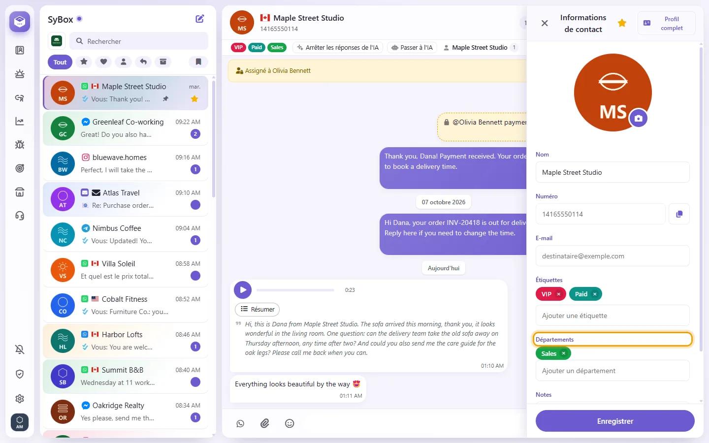 To add a department or a label to a conversation: "Departments" marked on the screen in SyBox