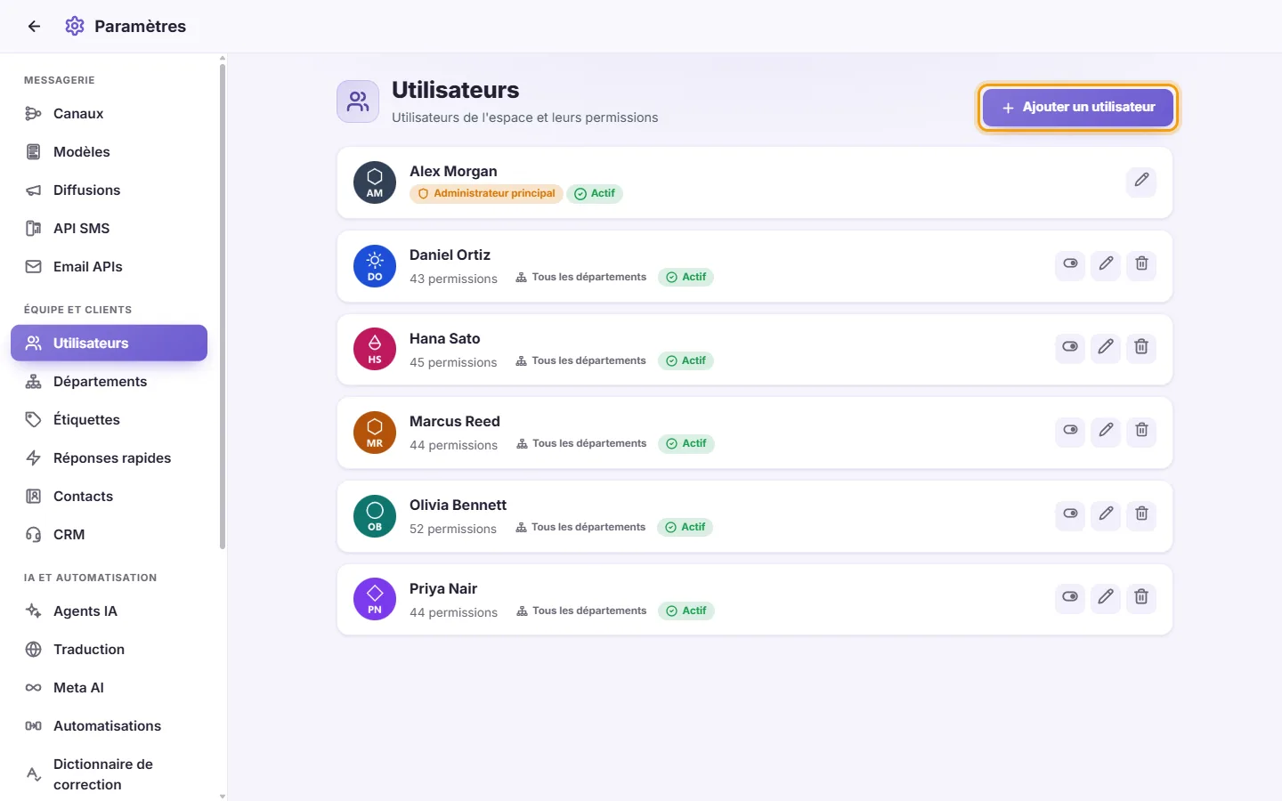 Settings, Users: the team with their departments, and the "Add user" button