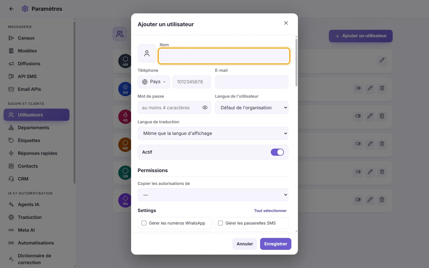 The new user window: the name first, then the sign-in details and what the user may do