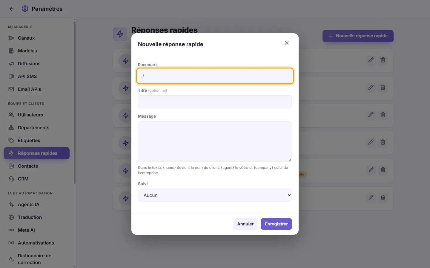 The new quick reply window: its shortcut first, then its title, text and an optional follow-up reminder