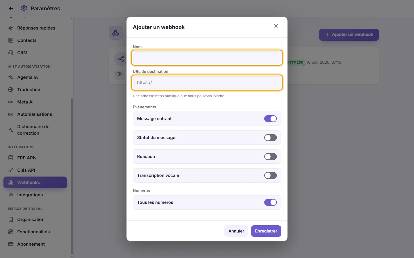 The new webhook window: its name and the address it calls