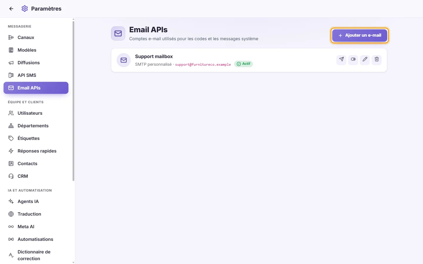 Settings, Email APIs: a connected mailbox and the "Add email" button