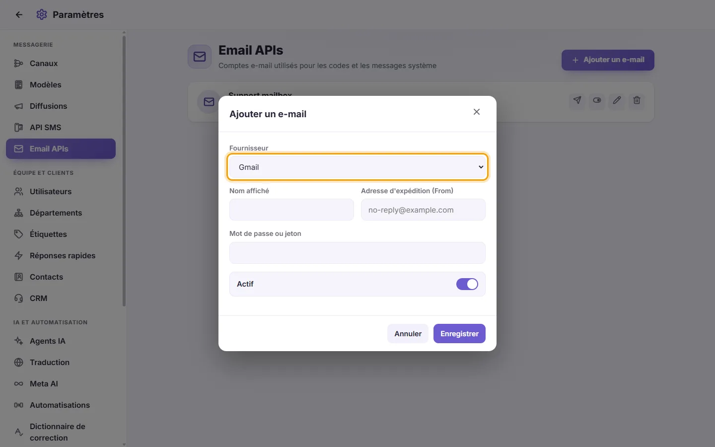 The new email account window: pick the provider first, then the address (and the server, for a custom provider)