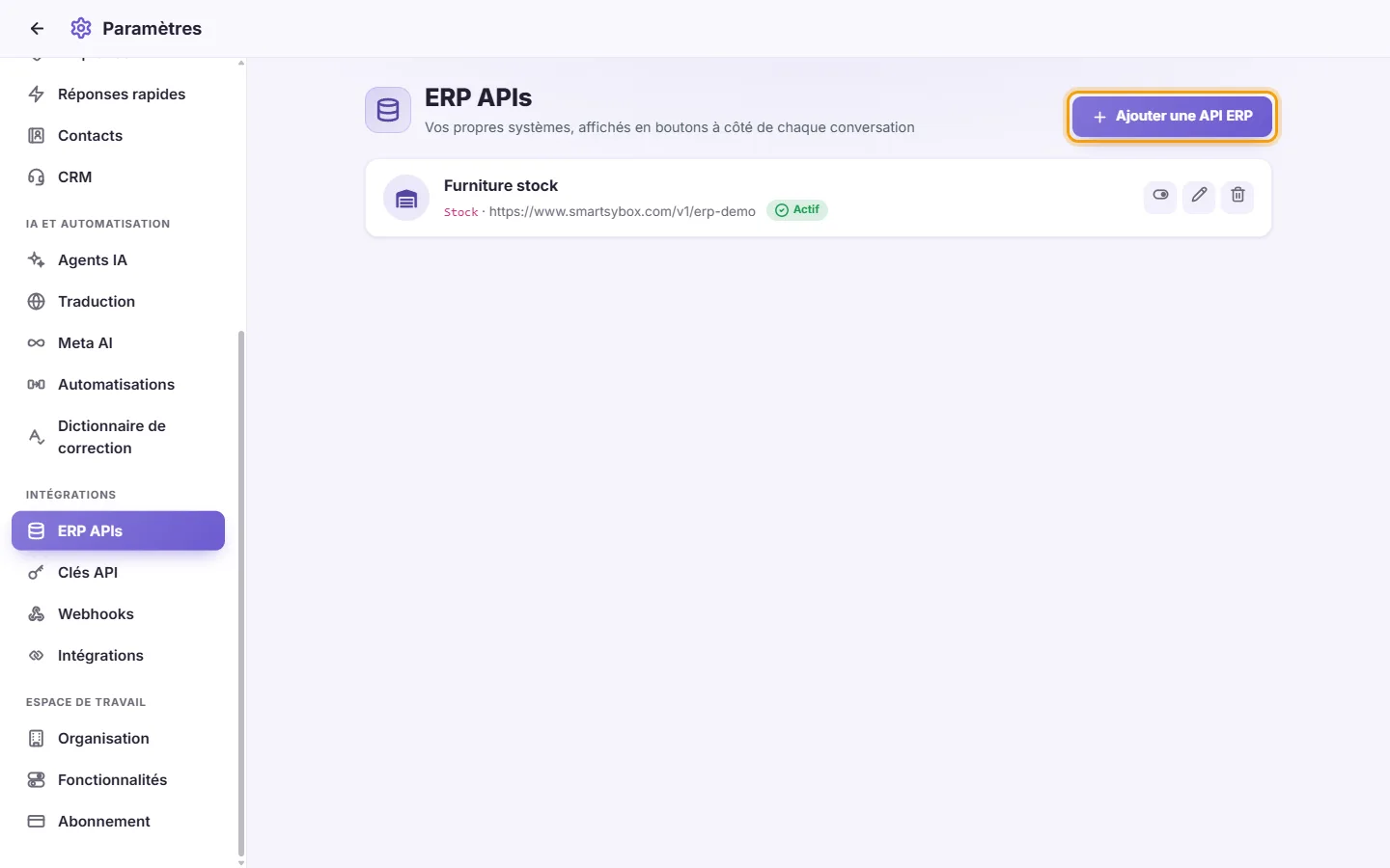 Settings, ERP APIs: a connected stock system that shows as a button in conversations